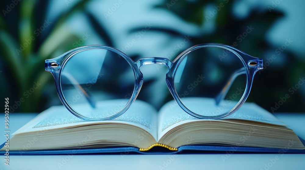 A pair of glasses resting on an open book, surrounded by plants. A pair of glasses resting on an open book, surrounded by plants.