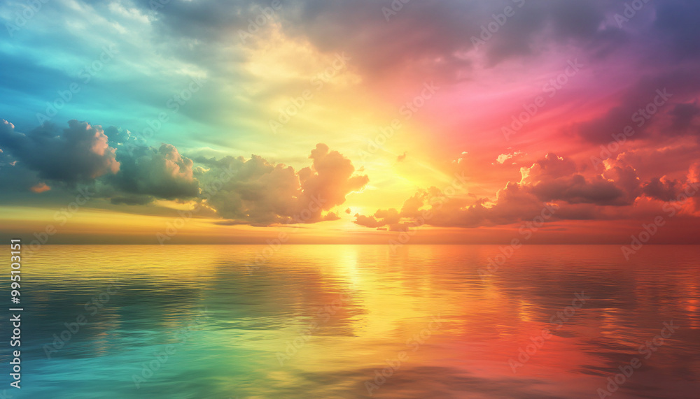 A dreamy sky transitioning from a golden sunset to a full spectrum of rainbow colors, giving off a vibrant yet calming feel