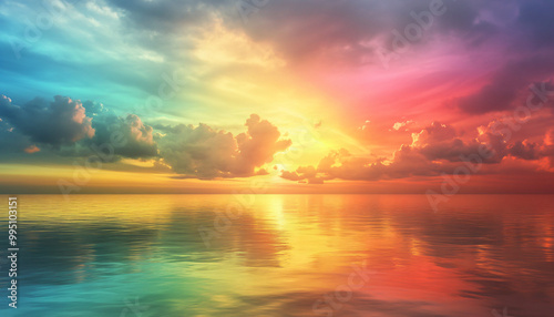 A dreamy sky transitioning from a golden sunset to a full spectrum of rainbow colors, giving off a vibrant yet calming feel