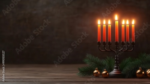 Hanukkah menorah with glowing candles, surrounded by oil lamps and festive decorations, 3D illustration photo