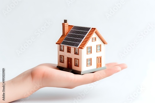 hand holding house shape made by solar panels on white background, copy space