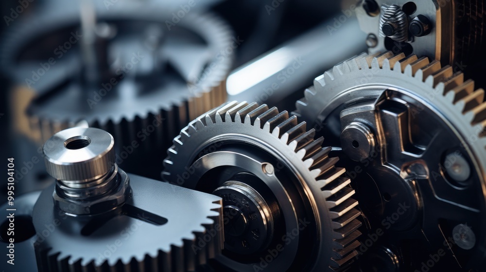 Close-up of an intricately designed gear mechanism, showcasing the precise engineering and complexity of the interlocking metal gears. Close-up of an intricately designed gear mechanism, showcasing the precise engineering and complexity of the interlocking metal gears.