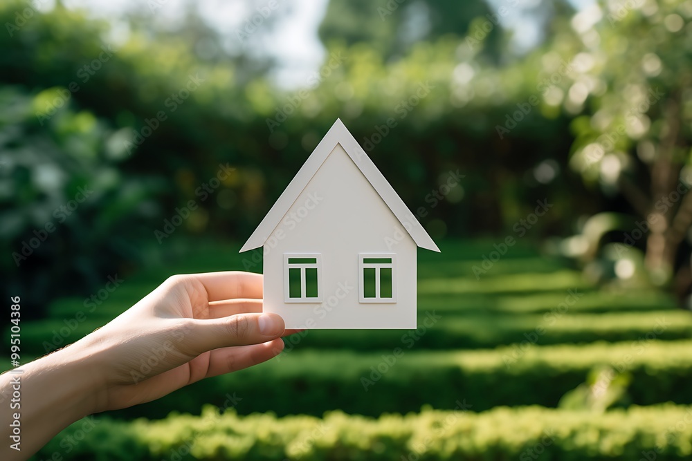 hand holding house shape made by white paper on lawn background hand holding house shape made by white paper on lawn background