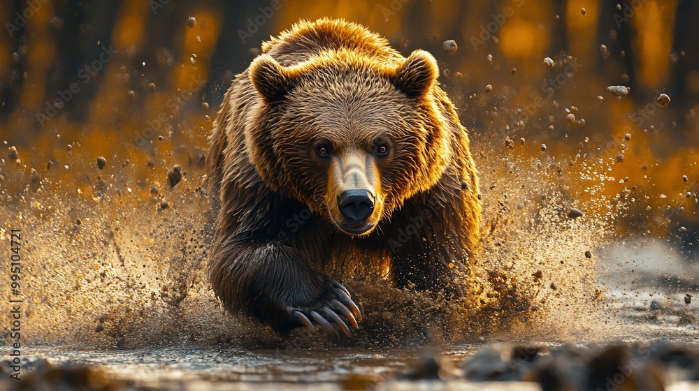 A brown bear charges through a muddy puddle with water splashing around it.