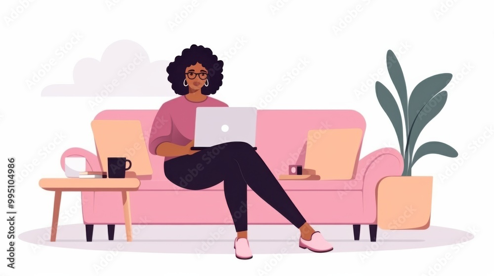 Illustration of a woman on a pink sofa with a laptop, embodying freelance work from home in a spacious, minimalistic setting. Illustration of a woman on a pink sofa with a laptop, embodying freelance work from home in a spacious, minimalistic setting.