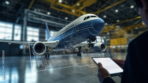 Hands holding a tablet displaying technical schematics of a modern airplane in an industrial setting, highlighting innovation in engineering.