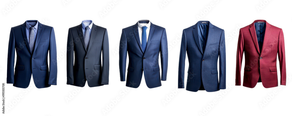 A collection of stylish suits showcasing various colors and designs perfect for formal events and professional attire. A collection of stylish suits showcasing various colors and designs perfect for formal events and professional attire.