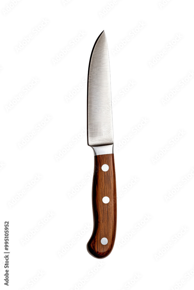 A sleek kitchen knife with a wooden handle, perfect for chopping vegetables and meal preparation in a modern cooking space. A sleek kitchen knife with a wooden handle, perfect for chopping vegetables and meal preparation in a modern cooking space.