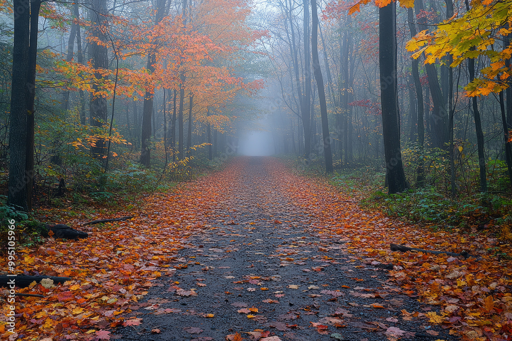A path through a forest with leaves on the ground A path through a forest with leaves on the ground
