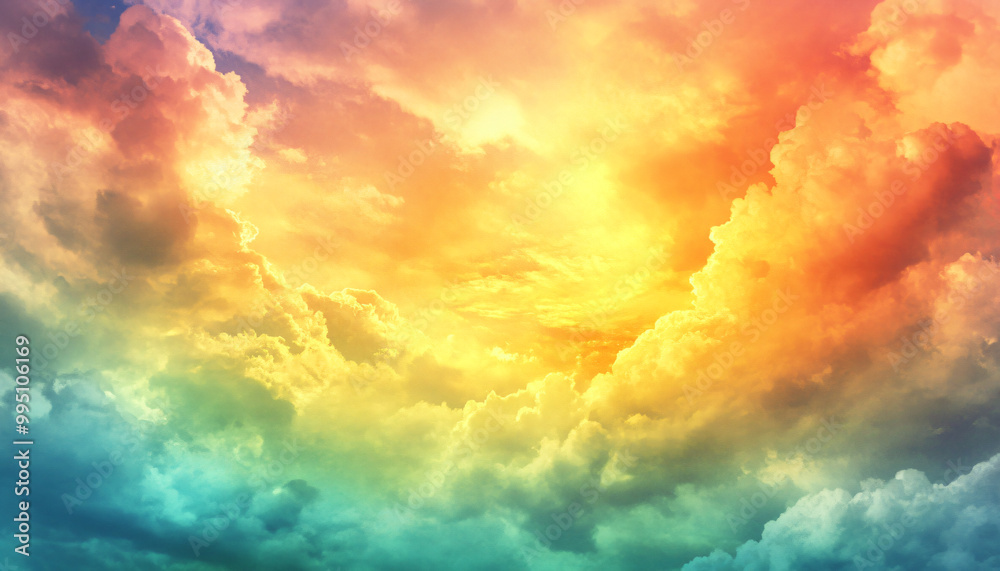 A dreamy sky transitioning from a golden sunset to a full spectrum of rainbow colors, giving off a vibrant yet calming feel
