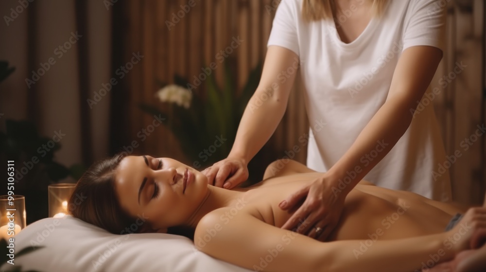 Obraz premium A masseuse performs a Thai yoga massage on a relaxed client in a serene setting, emphasizing comfort and therapeutic relief.