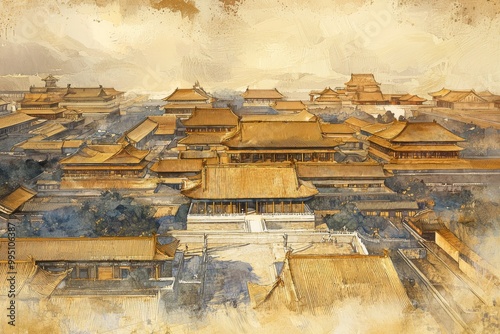 A grand ink wash painting of the Bianjing Imperial Palace, with its golden rooftops and expansive courtyards depicted in fine, flowing lines photo