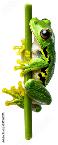 A vibrant green tree frog perched on a thin stick, showcasing its striking colors and details against a clear background.
