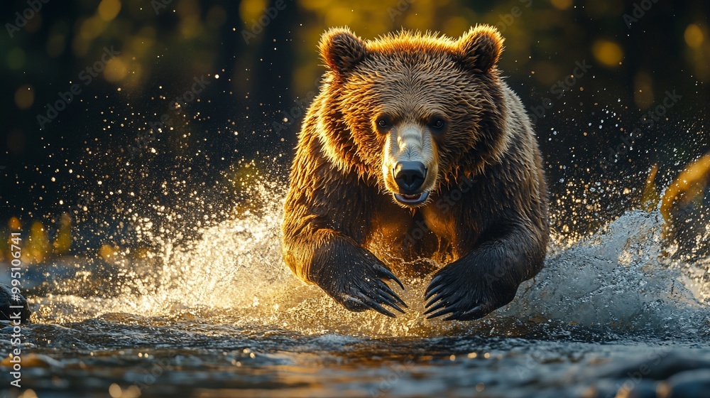 A brown bear leaps through a river, its paws creating a spray of water as it hunts for fish. The sun shines through the trees behind the bear, creating a golden glow. A brown bear leaps through a river, its paws creating a spray of water as it hunts for fish. The sun shines through the trees behind the bear, creating a golden glow.