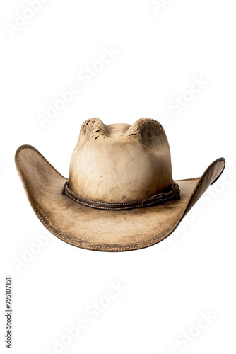 A weathered cowboy hat showcasing rugged charm, perfect for country-themed settings or vintage fashion photography.