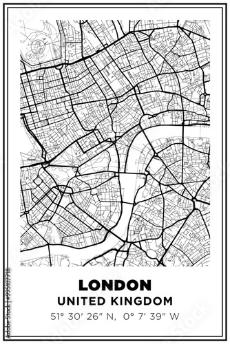 Black and white printable Street map art London city, UK. Travel poster with coordinates, poster design, Modern Poster Wall Art Home Decor Ready to Printable
