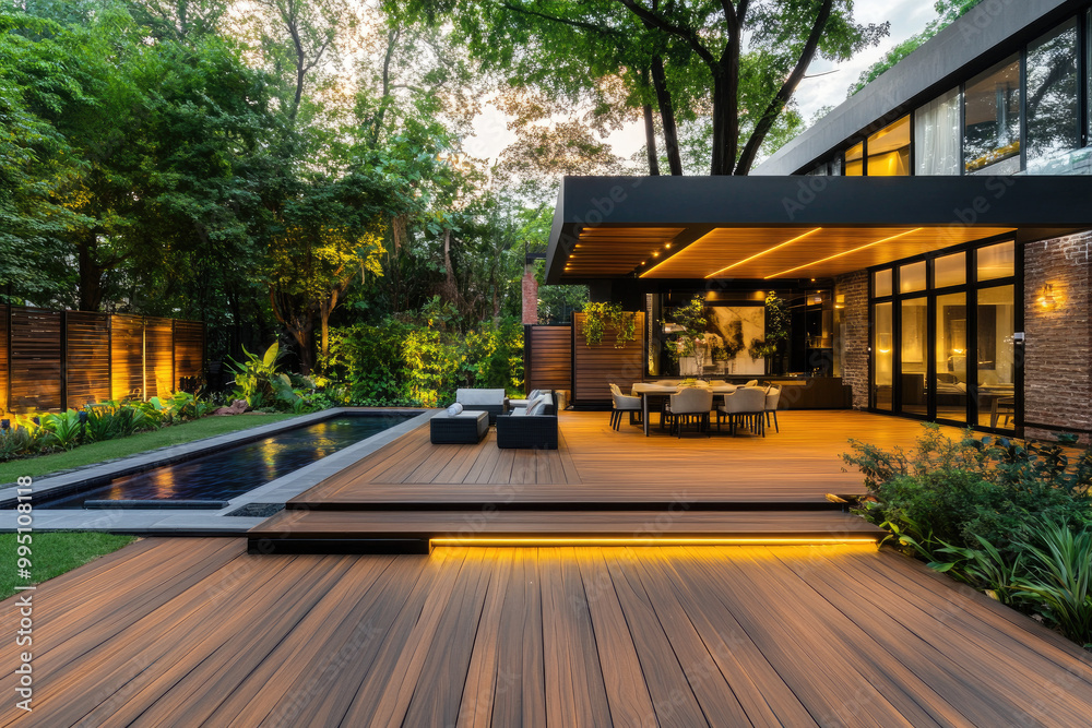 Obraz premium A modern wooden terrace with black roof and wood slats, a swimming pool in the background at night illuminated by lights