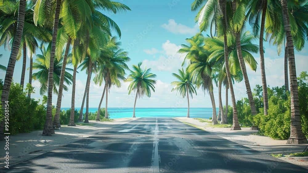 A tropical road lined with palm trees leads to pristine beach, evoking sense of tranquility and adventure. A tropical road lined with palm trees leads to pristine beach, evoking sense of tranquility and adventure.