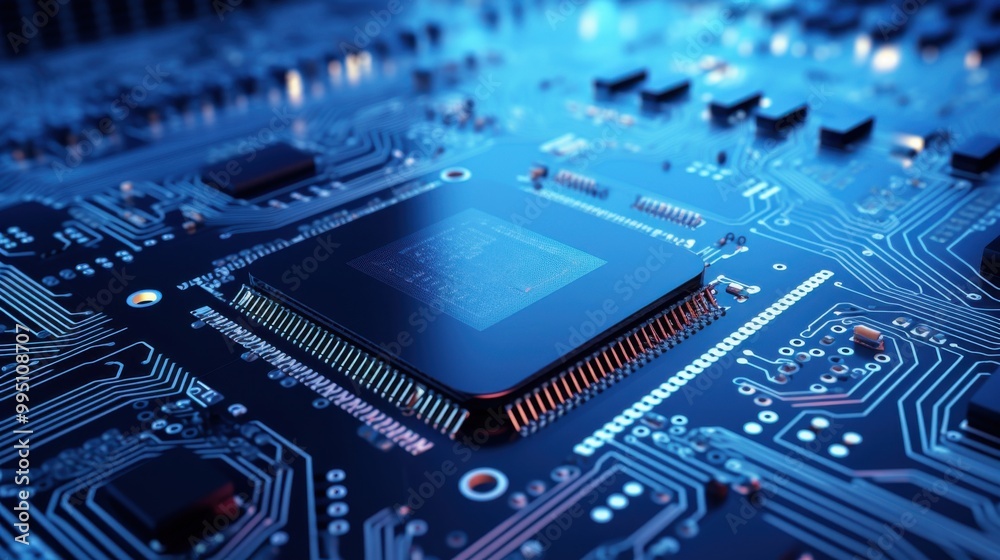 Close-up of a high-tech circuit board featuring intricate circuits and components, symbolizing advancements in technology and modern electronic manufacturing.