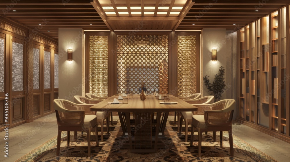 Fototapeta premium Elegant Dining Room with Intricate Woodwork and Warm Lighting
