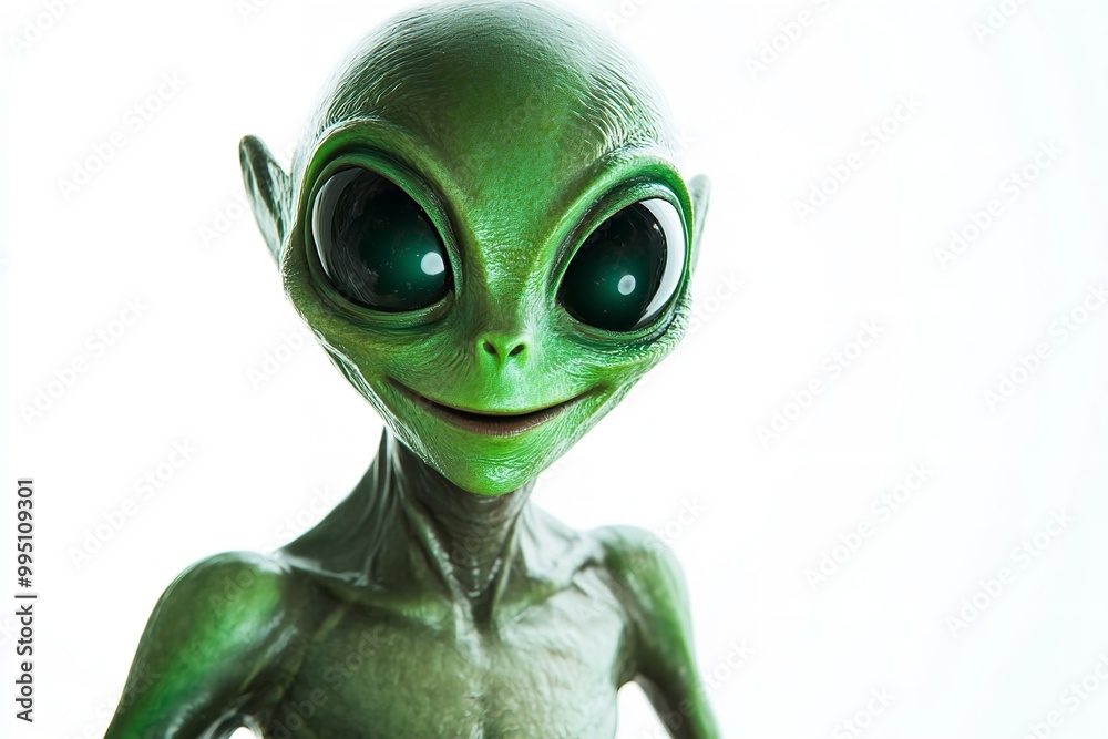 Fototapeta premium A smiling alien stands alone against a white background. Generative Ai