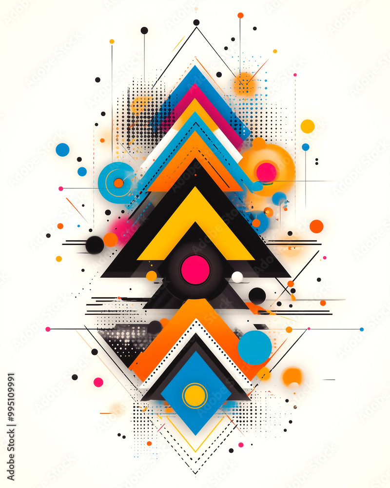 Obraz premium A colorful abstract design with triangles and circles. The design is made up of different shapes and colors, and it has a sense of movement and energy. Scene is vibrant and dynamic