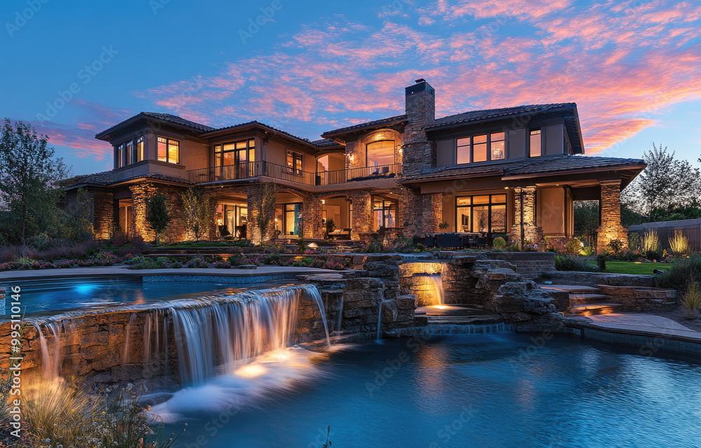 a large two-story home with a pool and waterfall in Arizona at dusk. Warm lighting inside the house is visible through the windows a large two-story home with a pool and waterfall in Arizona at dusk. Warm lighting inside the house is visible through the windows