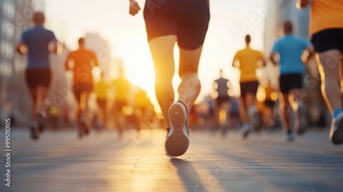 Fitness group jogging through a vibrant city square at dawn, blending urban life with active culture