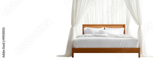 Elegant wooden bed with white linens and sheer curtains, creating a serene and inviting bedroom atmosphere.