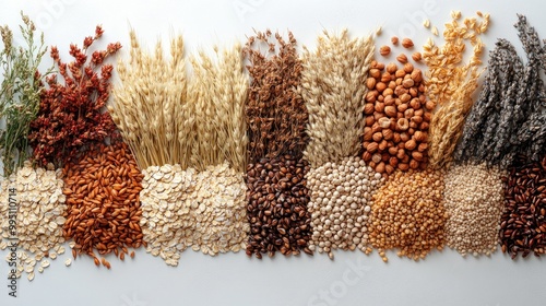 A colorful arrangement of various grains, seeds, and dried plants. photo