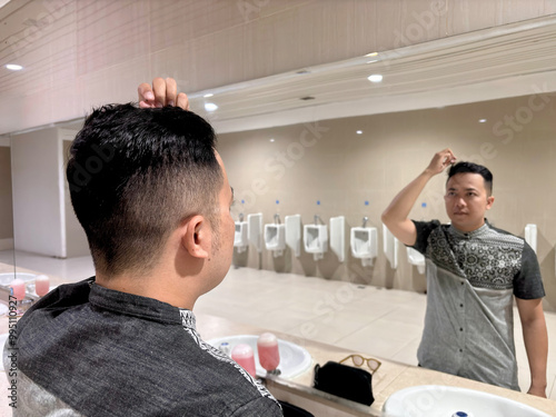 A man fixing hair with a large mirror in a public toilet photo