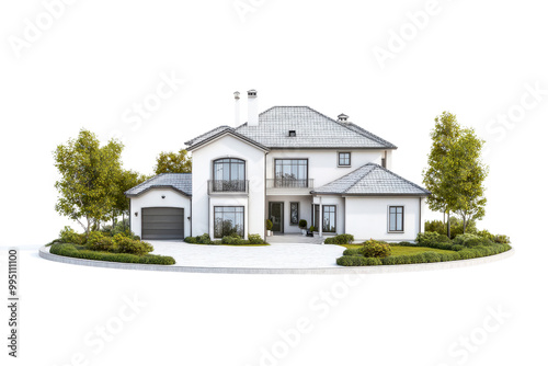 Modern house design with greenery, featuring large windows and a spacious entrance, ideal for family living.