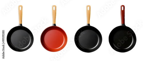 Set of colorful frying pans in various sizes with wooden handles, perfect for kitchen use and culinary presentations. photo