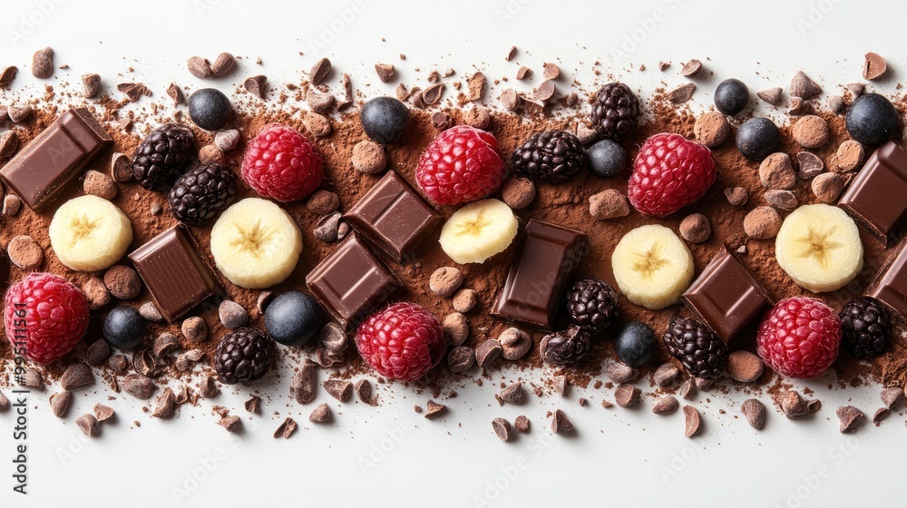 A vibrant arrangement of fruits and chocolate for dessert inspiration. A vibrant arrangement of fruits and chocolate for dessert inspiration.