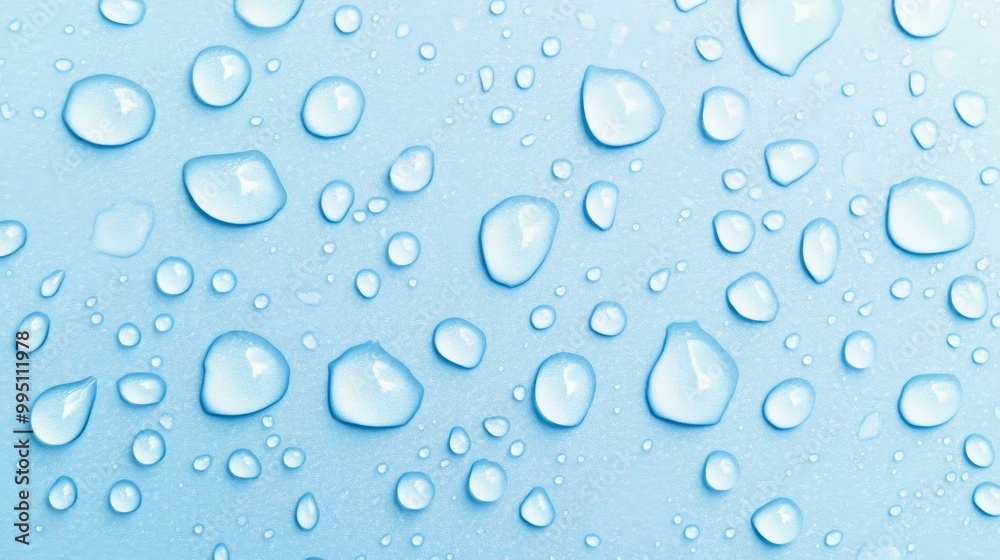 Captivating closeup of water droplets on a soft blue canvas, evoking freshness and tranquility in natures details. Captivating closeup of water droplets on a soft blue canvas, evoking freshness and tranquility in natures details.