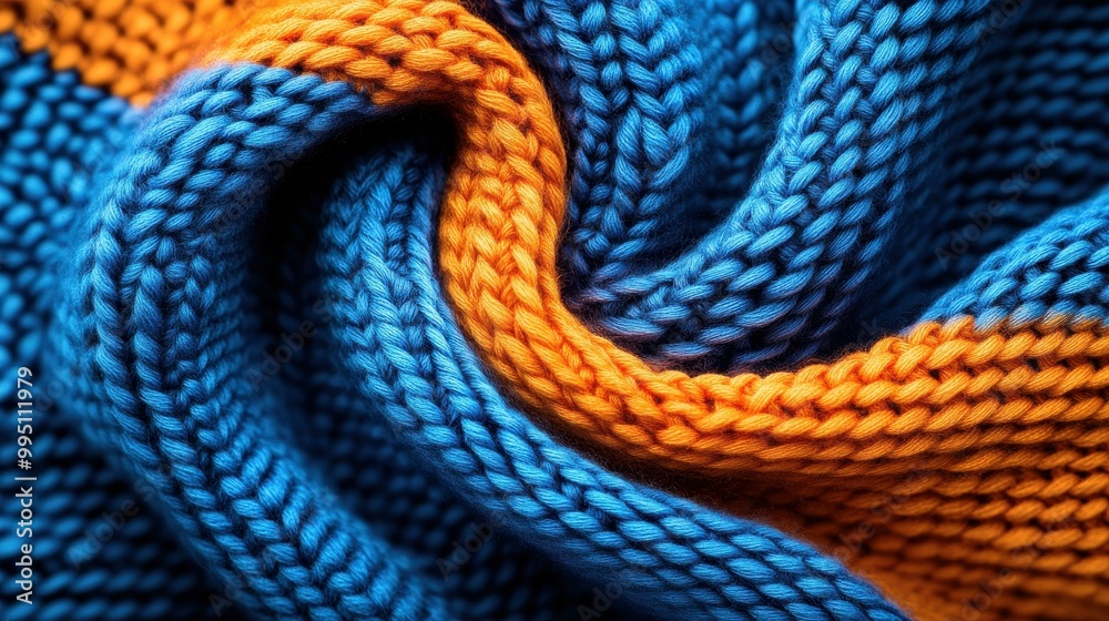 Explore the rich texture of this closeup blue and orange scarf, perfect for cozy winter days and stylish outfits. Explore the rich texture of this closeup blue and orange scarf, perfect for cozy winter days and stylish outfits.