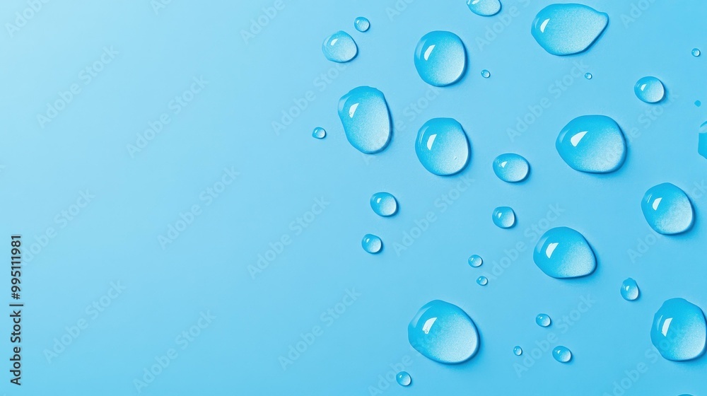 Refreshing closeup of water droplets on a light blue surface, ideal for graphic and environmental uses. Refreshing closeup of water droplets on a light blue surface, ideal for graphic and environmental uses.