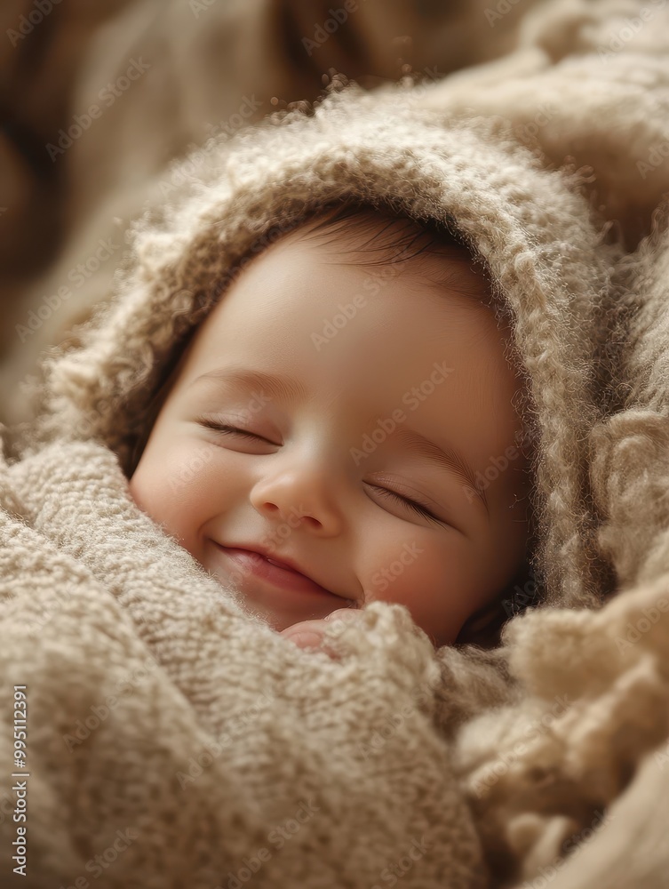A baby is sleeping in a blanket with a hood over his head A baby is sleeping in a blanket with a hood over his head