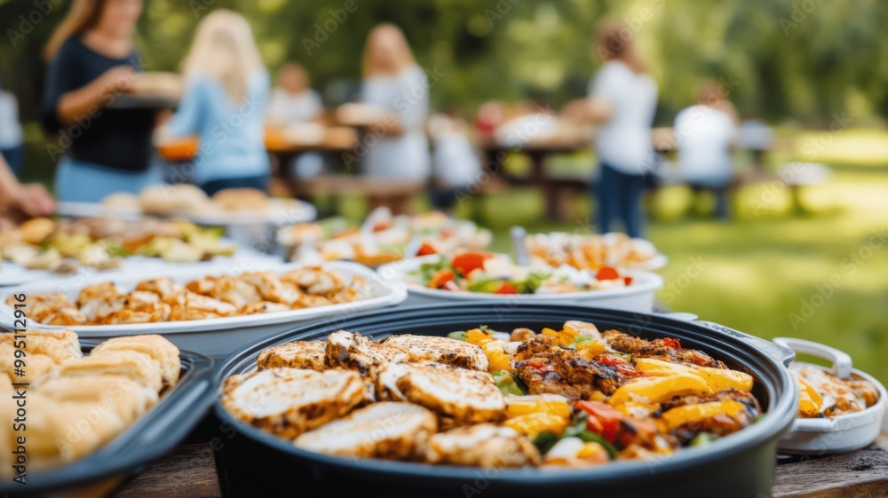 A vibrant outdoor picnic spread with various dishes, showcasing delicious food and a happy gathering in a beautiful setting. A vibrant outdoor picnic spread with various dishes, showcasing delicious food and a happy gathering in a beautiful setting.