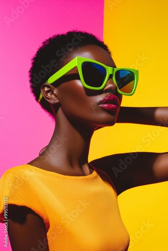 Stylish Dark-Skinned Woman Posing with Neon Yellow Sunglasses Against Vibrant Yellow and Pink Background