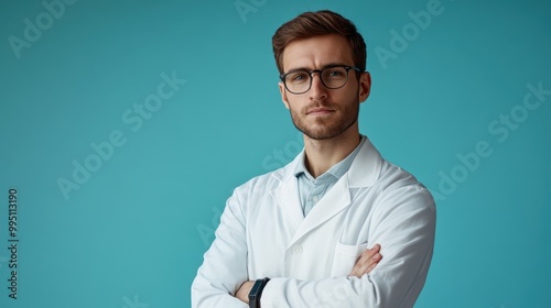 Young male medical professional in a white coat posing confidently against a blue background