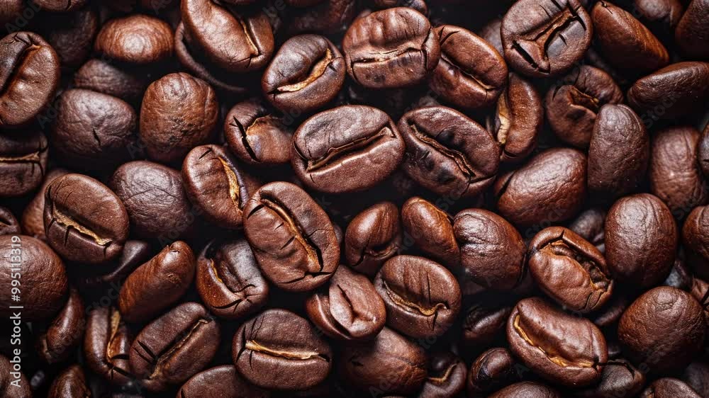 Close up of coffee bean background, top view. Photorealistic high resolution macro photography for advertising or food design.