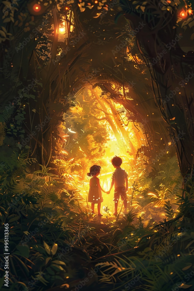 A boy and a girl are holding hands in a forest A boy and a girl are holding hands in a forest