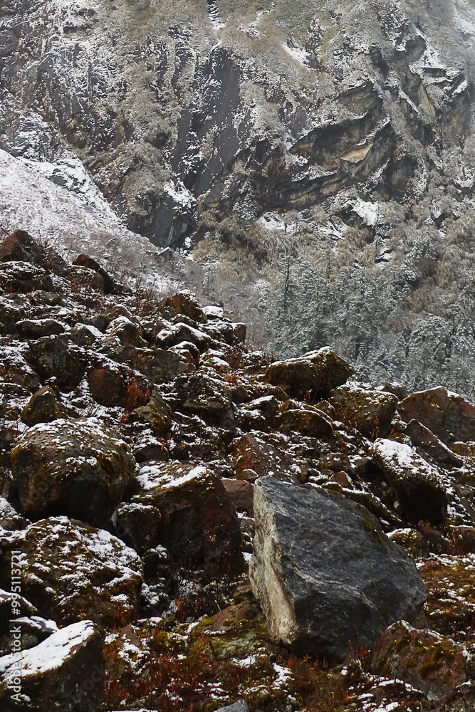 Frost and boulder covered alpine high altitude Himalaya mountain, adventure travel and hiking in north sikkim, north east india Frost and boulder covered alpine high altitude Himalaya mountain, adventure travel and hiking in north sikkim, north east india
