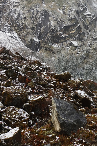 Frost and boulder covered alpine high altitude Himalaya mountain, adventure travel and hiking in north sikkim, north east india photo