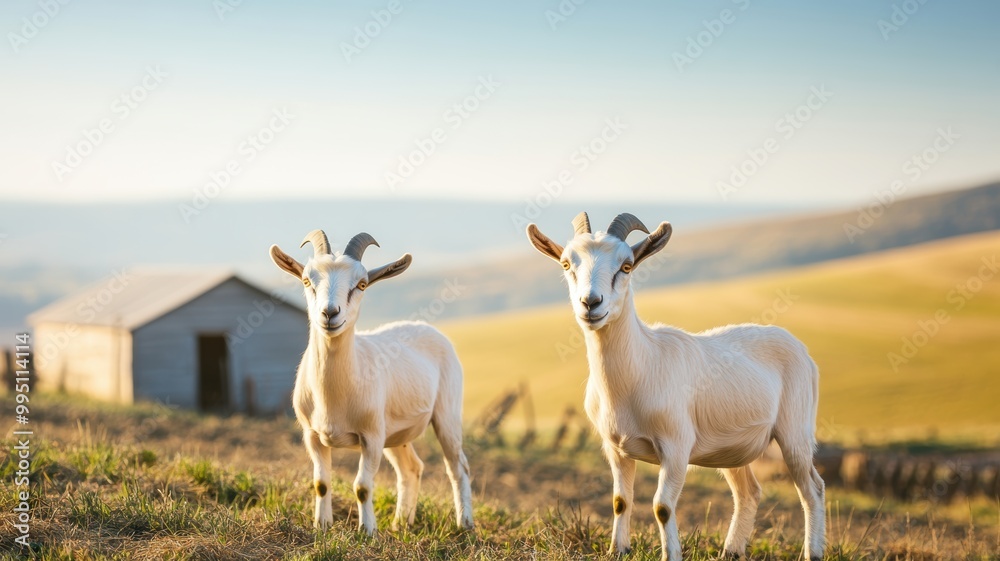 Two charming goats pose in a serene countryside setting, bathed in warm sunlight, with a rustic barn in the background. Two charming goats pose in a serene countryside setting, bathed in warm sunlight, with a rustic barn in the background.