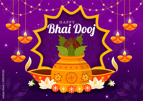 Happy Bhai Dooj Indian Festival Celebration Vector Illustration of Sisters Praying for Their Brothers Protection with Applying a Forehead Dot photo