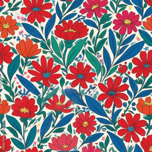Red and Pink Flower Floral Leaf Seamless Pattern Background Wallpaper Backdrop