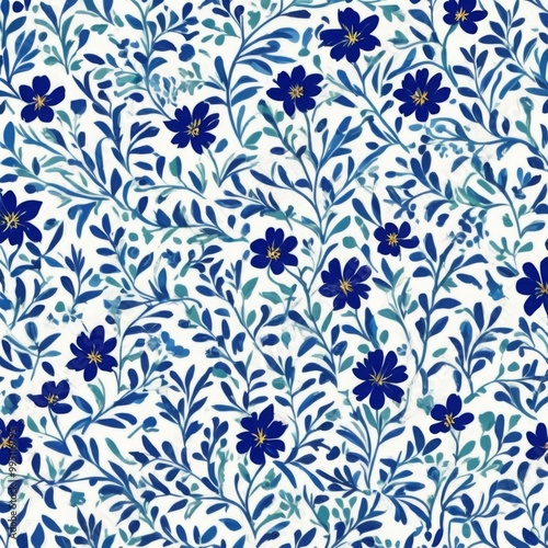 Mini Blue Flower Floral Leaf Liberty Seamless Pattern on White Background Wallpaper Backdrop