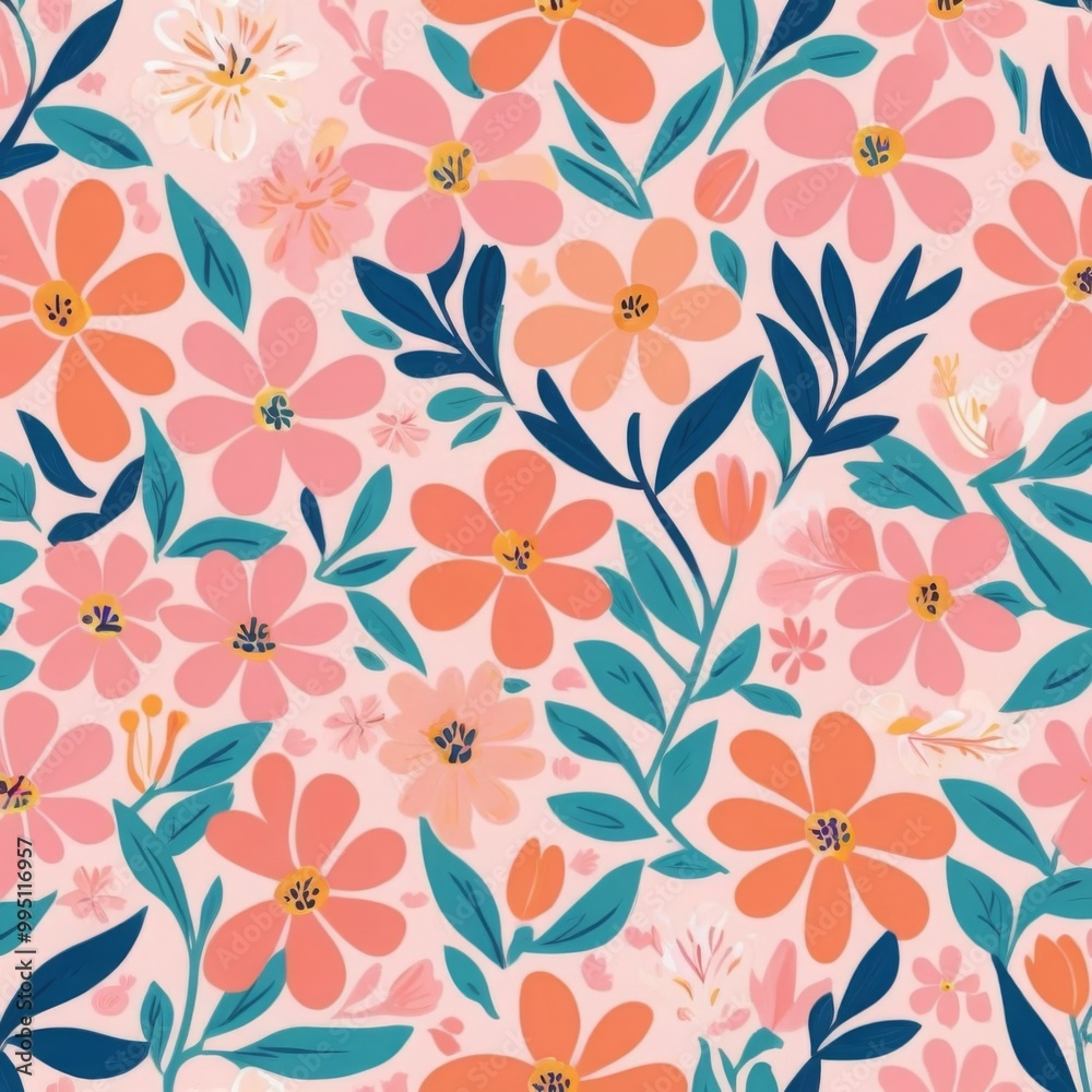 Pink and Peachy Flower Floral Lea Seamless Pattern on Pink Background Wallpaper Backdrop